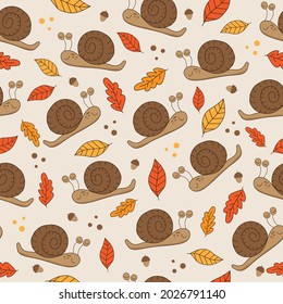 Autumnal seamless pattern with snail, acorn and Autumn leaves.
Good for textile print, wallpaper, wrapping paper, backgound, cover, and other gifts design.