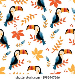 Autumnal seamless pattern with toucan birds and Autumn leaves.
Good for textile print, wallpaper, wrapping paper, backgound, cover, and other gifts design.