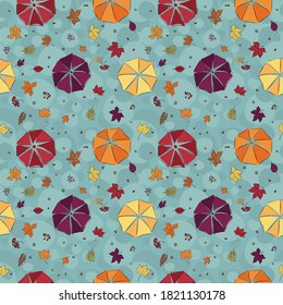 Patrón otoñal sin fisuras con paraguas, hojas y bayas. Maple, castaño, ceniza de montaña, viburnum. Rojo vivo, magenta y cian. Ilustración vectorial plana aislada en fondo blanco