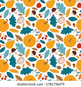 Autumnal seamless pattern with various pumpkins, leaves, pears, apples, berries and mushrooms.