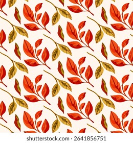 Autumnal seamless pattern with vibrant red and yellow leaves on a light background. Fall foliage design for textile and fabric.