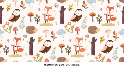 Patrón otoñal sin soldadura, tapicería, diseño de fondo infantil lindo con animales bonitos y vegetación forestal 