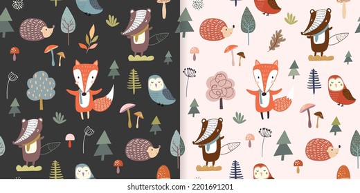 Autumnal seamless patterns set, wallpaper, cute childish background design with cute animals and forest vegetation, fox, owl,  badger and hedgehog