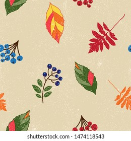 Autumnal seamless repeat pattern with tossed leaves and branches of berries with a texture on a cream background