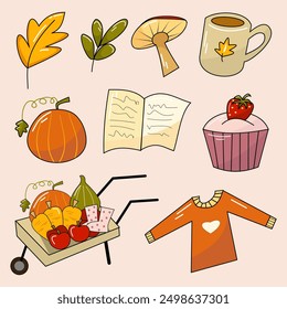 Autumnal set clip art elements including book, cup cake, leaf, pumpkin, clothes, and others for postcard, poster, invitation, or sticker.