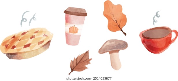 Autumnal set of fall vector illustrations.  Watercolor autumn illustrations including mushroom, leaves, cozy cups