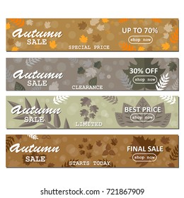 Autumnal shop discount. Sale text banners for shopping set, vector illustration isolated on white background. Foliage flyer decoration for discount or web banner. Concept for seasonal promotion