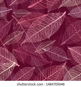 Autumnal skeleton leaves vector seamless pattern. Purple palette.