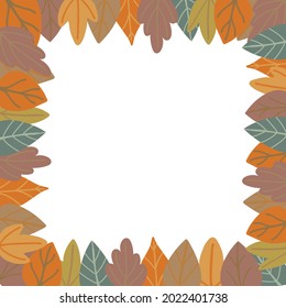 Autumnal square frame with colorful leaves foliage. Autumn fall background design. Hand drawn vector illustration in simple style isolated on white. Copy space. Banner, poster, template, invitation.