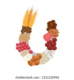 Autumnal stylized letter U. horseshoe for good luck. Souvenir design