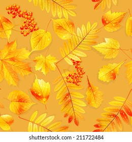 Autumnal swatch ready detailed seamless wet leaves background. EPS10