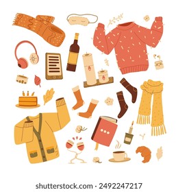 Autumnal sweaters, scarves, socks, and warm accessories set. Fall clothes kit. Vector hand drawn flat collection illustration isolated on white background.