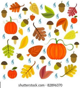 Autumnal texture with leaves, pumpkins and mushroom. Vector illustration