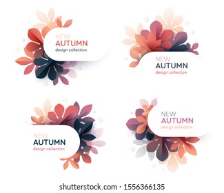 Autumnal themed badges set. Compositions of colorful fall leaves and branches. Design template for seasonal offer, sale poster, banner, promotion announcement. Geometric flat style vector illustration