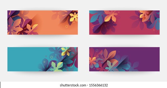 Autumnal themed banners set. Compositions of colorful fallen maple leaves. Background design template for seasonal offer, sale poster, web promotion. Geometric flat style vector illustration