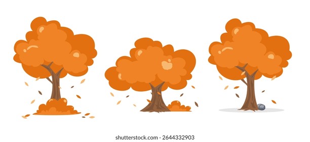 Autumnal trees set with bush and falling leaves.Autumn theme cartoon tree. Forest theme decoration

