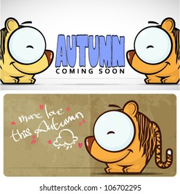Autumnal vector card with funny cartoon tiger and text.