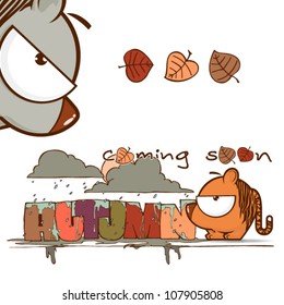 Autumnal vector card with funny cartoon tiger and text.