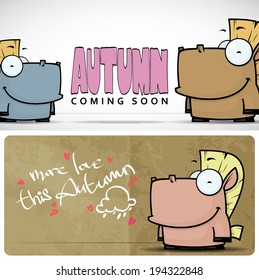 Autumnal vector card with funny cartoon horse and text.