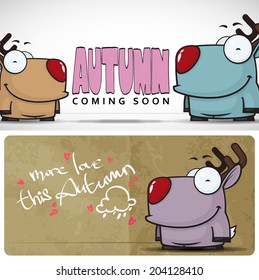 Autumnal vector card with funny cartoon deer and text.
