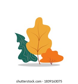 Ilustración vectorial otoñal, conceptos en diseño minimalista plano. Árboles y arbustos amarillos y naranjas, árbol verde. Cartel estacional, afiche, tarjeta.