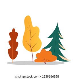 Autumnal vector illustration, concepts in flat minimalistic design. Yellow, green and orange trees and bushes. Seasonal banner, poster, card.