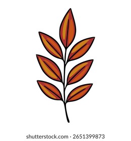 Autumnal Vector Illustration of a stylized branch with seven orange and red leaves, perfect for fall-themed designs.