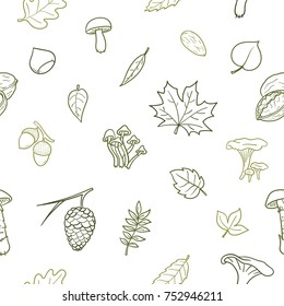 Autumnal vector seamless background with leaves and nuts. Ready for printing on textile and other seamless design. Green colors