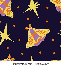 Autumnal vector seamless pattern with bright moths, stars and dots on deep violet background