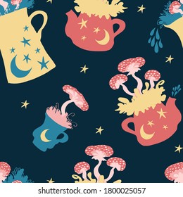 Autumnal vector seamless pattern with magic mushrooms in kettles and cups in cozy colors