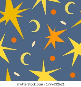 Patrón ininterrumpido del vector otoñal con estrellas y puntos anaranjados y amarillos sobre fondo azul oscuro