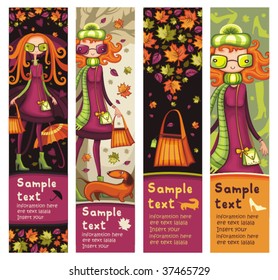 Autumnal vertical banners with fashion girls, shopping bag, dog, umbrella, maple leafs, shoes. With space for your text