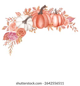 Autumnal Watercolor Pumpkin and Rose Garland Design Element