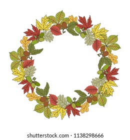 Autumnal wreath frame with colorful leaves and acorn. Hand sketched autumn leaves for autumn sales, Thanksgiving, Halloween, harvest festival. Decor for invitations, greeting cards, posters. Vector.