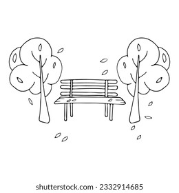 Autumn.Bench and two trees with falling leaves.Park in autumn in doodle style.