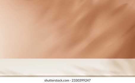 Autumn,Fall Brown Background,Beige Podium Display with Shadow Leaves on Cement Wall Room,Empty Studio Room background with branches leaf shadow on table,Concept for Product presentation,Summer Sale