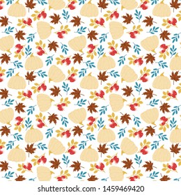 Autumn/fall leaves and white pumpkins vector pattern. Hand drawn seasonal pattern.