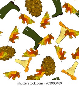 Autumn/Fall seamless pattern. Autumn leaves, boot, mushrooms, pine cones background. Seamless texture can be used for wallpaper, web page background, surface textures and etc. Vector illustration.