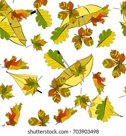 Autumn/Fall seamless pattern. Autumn leaves and umbrella background. Seamless texture can be used for wallpaper, web page background, surface textures and etc. Vector illustration.