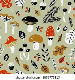 Autumn/fall season seamless neutral pattern background with mushrooms, leaves and berries. 