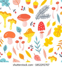 Autumn/fall season seamless pattern background with mushrooms, leaves and berries. 