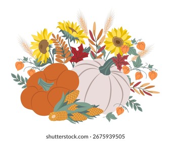 Ilustración vectorial inspirada en el otoño con calabazas, girasoles y maíz, rodeada de hojas de otoño y Elementos florales, que capturan la esencia de la temporada de cosecha.