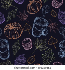 Autumn,leaves,pumpkins, cocoa, cupcakes,handmade,Seamless pattern, vector,retro