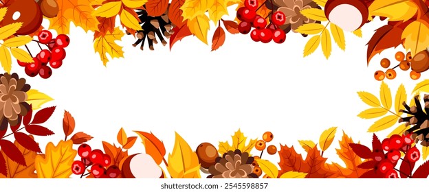 Autumnn background with orange, yellow, and brown autumn leaves, rowanberries, pine cones, acorns, and chestnuts. Vector banner or header design. Hand-drawn illustration, not AI