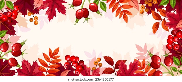 Autumnn background with red autumn leaves, rosehip, and rowanberries. Vector banner or header