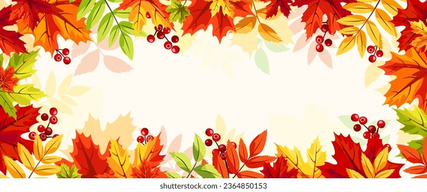 Fondo de otoño con hojas de otoño rojas, naranjas, amarillas y verdes y rowanberries. Banner o cabecera del vector