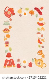 Frontera de temática otoñal con Elementos acogedores como teteras, calabazas, hojas y suéteres. Los colores cálidos crean un ambiente acogedor de otoño. Perfecto para diseños de otoño y temas de otoño. Vector de marco de ilustración.