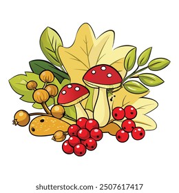 Autumn-Themed Composition Featuring Cranberries and Fly Agaric
