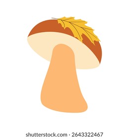 Autumn-themed flat vector: bright mushroom with yellow leaf for fall decorations. Vector illustration for banners, cards, social media