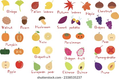 Autumn-themed food and fallen leaves icon set.